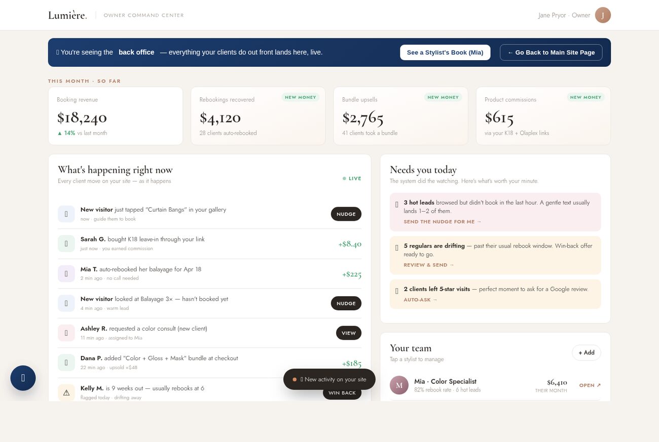 A real Web Systems owner dashboard — bookings, customers, and automatic follow-up in one place