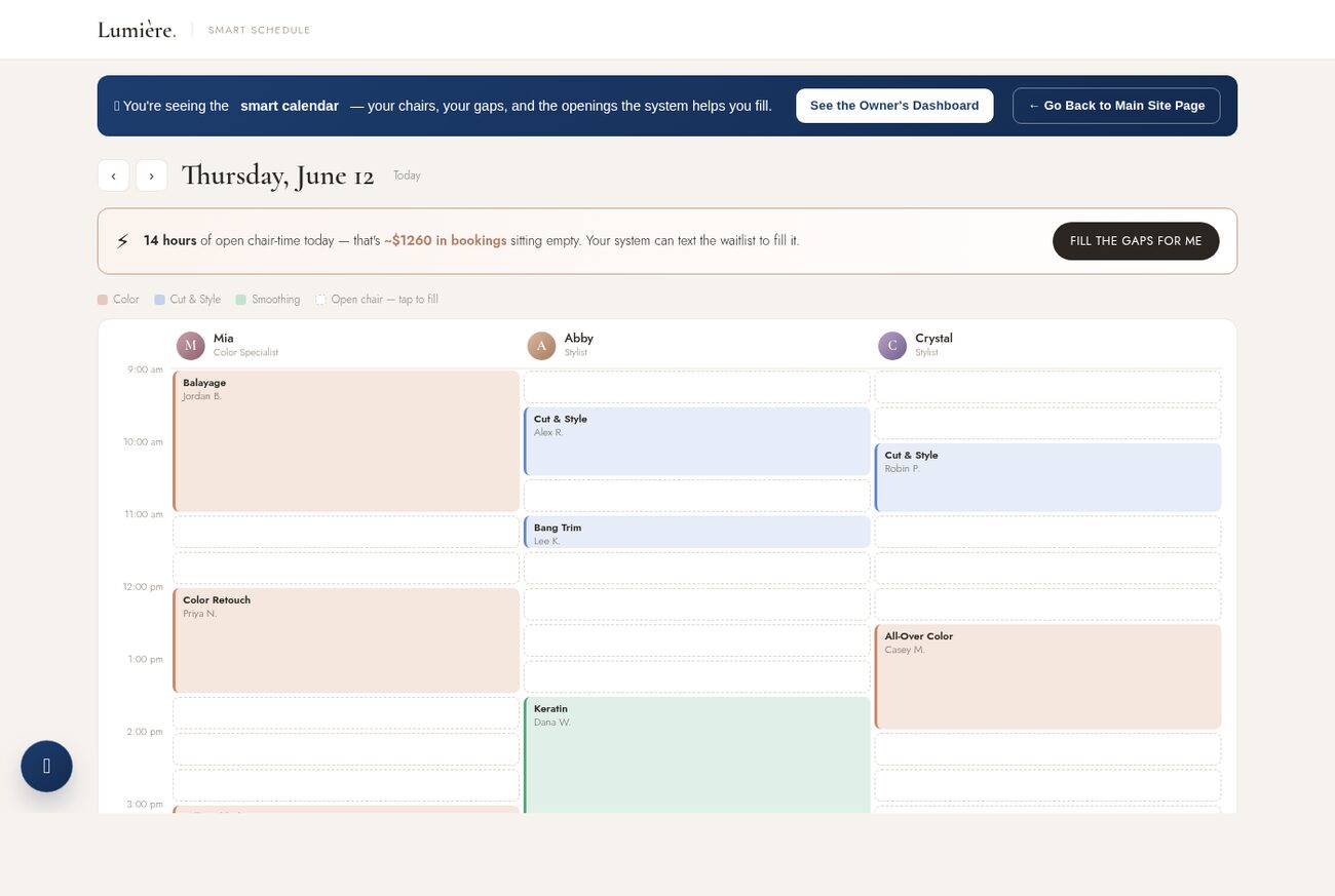 A real Web Systems dashboard — the smart calendar showing open chair-time the system can fill