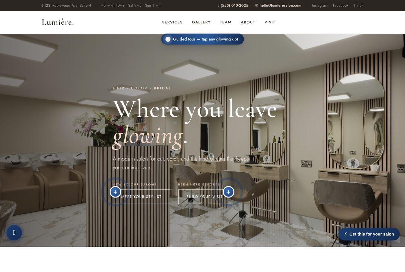 The salon's real customer-facing site — booking and lead capture wired in behind it